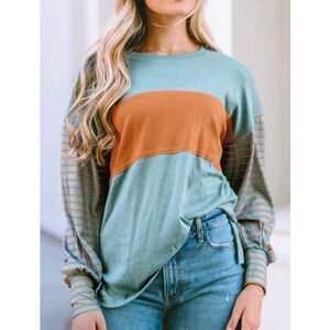 OFEEFAN Long‎ Sleeve Sweat Top Womens Large Colorblock Striped Teal Orange Shirt